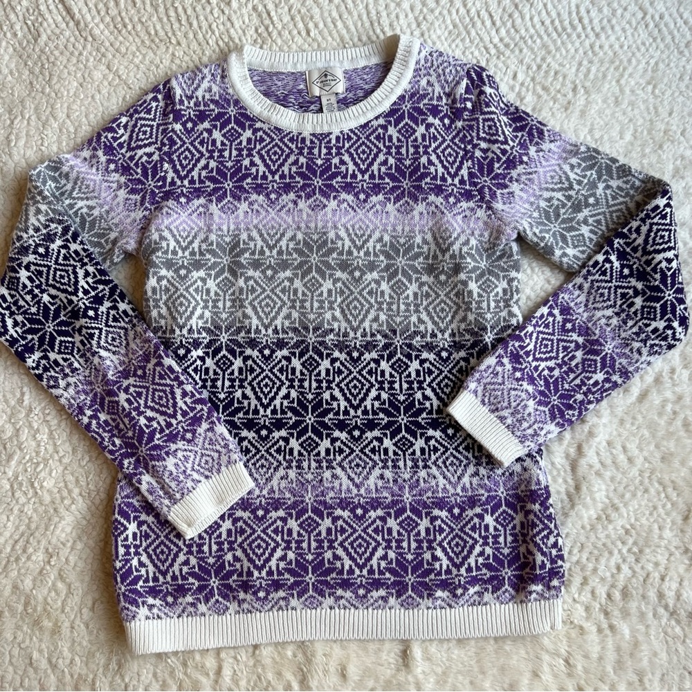 St. John's Bay | Fair Isle Purple White Cotton Blend Womens Sweater Size S Tall
